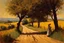 Placeholder: sunny day, mountains, trees, dirt road, countryside, nostalgy influence, adobe house, alfred stevens and ludwig dettman impressionism paintings