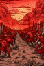 Placeholder: A lot of Prisoners line up in hell in front of a big wall , red clouds in the sky with huge amount of dead people laying on the ground