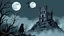 Placeholder: detailed graphic art, ruined gothic castle standing on a hill on the right side of the composition, full moon in the night sky, a few raven silhouettes flying near the moon, thick mist surrounding the hill, dark forest on the left side with twisted bare trees, a solitary black hooded figure standing at the forest edge looking toward the castle, mysterious atmosphere, ancient forgotten ruins, dark fantasy aesthetic, detailed linework