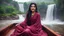 Placeholder: Hyper Realistic Photographic View Of A Gorgeous Pashto Girl (Wearing Simple Maroon Colored Dress & Wearing Plain Pink Dupatta On Her Neck) Happily Sitting & Smiling On A Boat & Showing Her Long Black Hair On The River With Beautiful Waterfall At The Back, At Heavy Rainy Weather Showing Dramatic & Cinematic Ambiance.