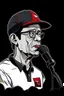 Placeholder: Ilustración vectorial de Gustavo Petro con gorra deportiva camisa, hablando tranquilamente con micrófono, colores negro, blanco y rojo, fondo negro