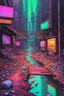 Placeholder: painting of a cyberpunk colourful natural walkway rubbish on the street in the city with pollution and a small bridge by a creek by monet and replicant dreams androids and electric sheep