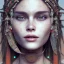 Placeholder: Woman smiling, pretty face, face is pretty, face is highly detailed, wearing primitive bikini, native clothing, primitive, highly detailed, extremely detailed, crisp, photo, high quality, real life, laying down, symmetrical, full body portrait