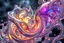 Placeholder: Dynamic complex hypnotic fractal 3D structures horizontal Symmetry twisting and morphing between organic and geometric forms , smooth translucent iridescent glass with inner glow and bubbles,and metallic varied transparent materials, stormy skies, intense dramatic