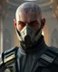 Placeholder: star wars heavily scarred head bald male corellian jedi wearing gunmetal grey and black old republic armored flightsuit and breath mask with gold and metallic red trim inside the jedi temple, centered head and shoulders portrait, hyperdetailed, dynamic lighting, hyperdetailed background, 8k resolution, volumetric lighting, light skin, fully symmetric details