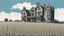 Placeholder: disused, Victorian manor house, blue sky, over-grown fields, vector art