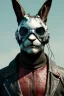 Placeholder: Medium Close Up Portrait, Front image. cyberpunk, rabbit mask, british man, white short hair. leather, titanium suit. White, black, red, color. Mad max style. Color background, photo studio. Avatar image, highly detailed, concept art, smooth, unreal engine 5, god rays, ray tracing, RTX, lumen lighting, ultra detail, volumetric lighting, 3d, finely drawn, high definition, high resolution.