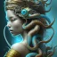 Placeholder: Sango fantasy, fantasy magic, intricate, sharp focus, illustration, highly detailed, digital painting, concept art, matte, art germ and Paul Lewin and Kehinde Wiley, masterpiece Indonesian lady head bronze octopus Asian African girl nice breast Thai hair turquoise silver blue waves