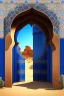 Placeholder: An open gothic_arab doorway in a tiled blue wall with a view of a desert landscape