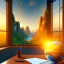 Placeholder: desk, parquet, sheet of paper, little pen, in front of a huge picture window with large view on a waterfall with warm light, sunset ,pixar style, panorama, nature, globe, HD, Hallelujah mountains