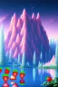 Placeholder: mountain with strawberry ice-cream on top, lake, trees, mystical, Post-painterly abstraction