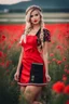 Placeholder: Beautiful russian girl, blonde hair, bold lipstick, flower field, braided bangs, braided bobcut, solo, apron,thick thighs, side-tie panties, black hair, 18yo,(on back:1.2) ,red dress, portrait