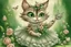 Placeholder: an anthropomorphic, kitten bride happily throwing a bouquet in a beautiful garden. The kitten has fluffy fur in shades of light brown and grey with distinct tabby markings on its face. Its large, expressive eyes are a deep emerald green and it has a small, pink nose. The kitten is wearing embroidered white lace bride dress, tulle, gemstones, pearls, adorning the hem and bodice. Behind her, a celebrating crowd, cats and people dressed in elegant clothes, wedding food and cake on the tables. Behin