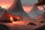 Placeholder: painting, landscape, artistic, illustration, artstation, black desert, black sand, bleak, pale red sky, large bustling camp, tall iron monolith tower, tigtly packed leather tents, vereshagin style