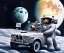 Placeholder: little boy and big teddy bears on moon. drifting in old bmw. oil on canvas