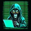 Placeholder: A grinning Monkey sitting in front of a laptop, hacking systems, wearing a hoodie and sunglasses. Matrix in background. Pixel Art. Profile Picture. Avatar. Pixel