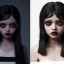 Placeholder: Female Jenna ortega black dress,soft goth libstick, wednesday addams family make up, brad double wig, dramatic lighting, highly detailed, volumetric lighting, unreal engine, 8k