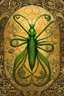 Placeholder: a stylized abstract illustration of a Praying Mantis insect from calligraphic letters, flourishes, and swirls , finely drawn and inked, in classic Medieval calligraphy, 4k, hyper detailed in the style of EL SEED and vibrantly colored in the style of GUSTAV KLIMT