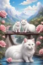 Placeholder: in the center: beautiful chunky fluffy white cats sitting on a bridge, under the brigde flows a small blue river; background: landscape with mountains and white clouds, butterflys flying in the sky; first plan: pink roses;