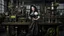 Placeholder: woman with dark wavy hair, with detailed metallic legs and arms, dressed like a Victorian, in a laboratory full of small machines