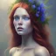 Placeholder: Perfect flawless Beautiful red-haired girl with gorgeous long curly hair and blue eyes in a wreath of hyper-realistic Rowan on her head, no mistakes, flawless painting, beautiful art, realistic, hyper-realistic, life-like; by Ricardo Chavez-Mendez; Deep Colors; 8K