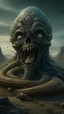 Placeholder: A big statue of a head in the sand huge mouth open and out of it a lot of snakes and spidrs,surrealism of the dark of a nightmare ten miles high and six foot deep, hyper photorealistic, hyper detailed dark art color, high resolution, fog, octane render, tilt shift, HDRI Environment, all pictures dark gray