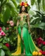 Placeholder: 📷🍓💃 length image full body sweet pose pretty woman super model wearing a beautiful high details natural beuty color unique queen costume made of full elements varieties tropical fruits,full of green leaves and variaties roses,orchids flowers jungles background