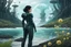 Placeholder: young woman in an android suit with dark hair, standing on the shore of an alien sea. Floating forests with dandelion tops in the distance