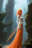 Placeholder: painting of a tall elven young woman with short light orange hair and freckles on the cheak bones and tall body of a topmodel light clothes, long shot, ultra realistic, concept art, intricate details, eerie, highly detailed, photorealistic, octane render, 8 k, unreal engine. art by artgerm and greg rutkowski and charlie bowater and magali villeneuve and alphonse mucha