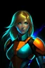 Placeholder: Digital art, Digital masterpiece, Digital portrait, High quality, natural illumination, spotlight illumination, space illumination, (Full body:1), (Taylor Swift dressed as Samus Aran:3), (Blonde hair hair:1.5), (Cute face:1.2), (Samus Aran from Metroid costume:1), (Blue eyes:1.2), sexy eyes, (shy smiles:1.2), Looking back, (urban place:1.5), (Small spaceship at background:1.2), Graffiti, comic book style