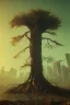 Placeholder: Cyberpunk theme, Oak tree roots holding man inside, misty sunny day, close-up portrait,