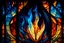Placeholder: There are blue flame and orange flame, stained glass, flame