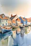 Placeholder: Prompt: The watercolor depicting the English fishing village , the outlines of the buildings in the background are softly drawn, and the colors blend delicately, creating a dreamlike effect, the details of the buildings are minimalistic, emphasizing the texture of the watercolor and the interplay of colors.