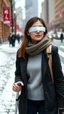 Placeholder: image of a blind young woman carrying a white cane walking in the city with snow on the ground