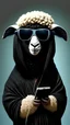 Placeholder: sheep wearing black bisht and holding a phone And wears sunglasses and headphones