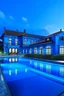 Placeholder: blue mansion with a huge infinity pool and lambergeaney