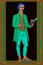 Placeholder: Modern guy, 20s, holding "ipad" in left hand, looks like a renaissance painting, walking forward, full body, "persian green", "right hand in pocket". "Front facing" "forward view"