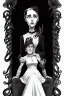 Placeholder: black and white old victorian couple portrait, woman sitting, tentacles beneath the woman's dress