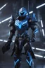 Placeholder: neon blue, flying parts of armor in form of triangles, cyber armor, geometric patterns on armor, male, orbiting triangle, armor drones