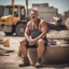 Placeholder: photography of a marocan ugly burly serious wet sweaty, beefy strong fat carpenter, shirtless, in overall, bulge, manly chest, big salt-and-pepper mustache 50 years old, short hair, sitting with open legs on a little chair , on a construction site in the middle of a road, under the August sun, emotional eyes, , hyper-realistic, photorealistic , frontal view from the ground