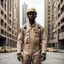 Placeholder: Brutalist city with citizen in beige coveralls uniform