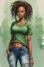Placeholder: Create a watercolor image of a curvy black female wearing tight cut up jeans and a green tshirt with timberland boots. Prominent make up with hazel eyes. Highly detail dread locs