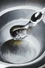 Placeholder: in focus, a jet of water flows into a spoon and splashes everywhere in a sink tray