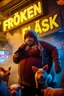 Placeholder: a very fat swedish girl, with skimask with called "Fröken Fläsk" performing at dance club, her name is "Fröken Fläsk" piglets On stage, yellow Neon lights and smog, and "FRÖKEN FLÄSK" big sign on the wall, she singing with mic, text in swedish! no translate mr. stable ai