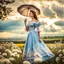 Placeholder: fullbody girl makeup wearing a victorian dress walking in country side ,flowers ,pretty clouds in blue sky