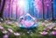 Placeholder: magic brightness diamon in a magic blue and pink lawn in a fairy forest, with lightness sky