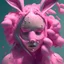 Placeholder: girl, bunny , mask, hair slime, out her mind, pink tones, realistic photograph , 3d render, octane render, intricately detailed, cinematic,