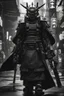 Placeholder: samurai robot in black and white cloak in a cyberpunk environment