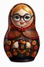 Placeholder: draw a Russian matryoshka doll in the style of Khokhloma, the matryoshka is smiling, the matryoshka has a coffee cup in her hands, a frontal angle, a picture on a white background, the matryoshka is drawn entirely, a highly detailed 3d picture