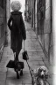 Placeholder: street, old lady with old poodle walking, model style, hyper realistic, accurate, delicate, extremely detailed, Graphic novel style, wide-angle, front view, open aperture, superfine pencil